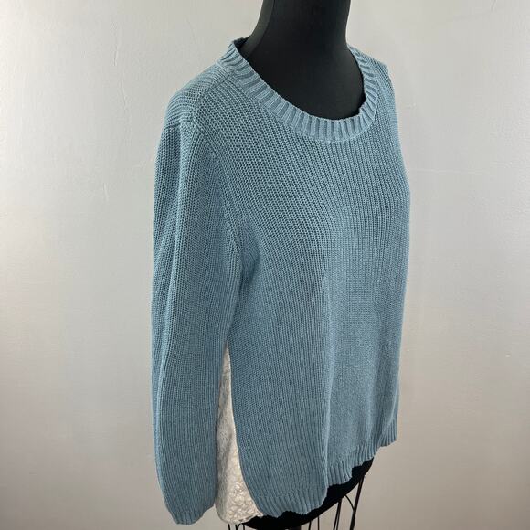 LOGO Lori Goldstein Blue Cotton Blend Asymmetric Sweater w/ Lace Godets Size M - Picture 6 of 10